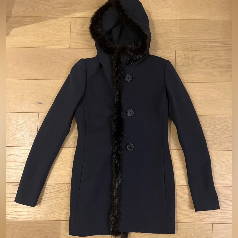 Navy Prada Coat with Black Fur Trim